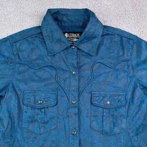Outback Trading Shirt Womens Small Blue Paisley Sabrina Faux Leather Pearl Snap